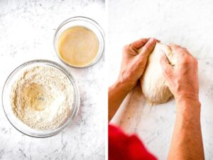 Side by side photos showing the steps to make vegan pizza dough. Mix the dry ingredients in one bowl and bloom the yeast in warm water in another bowl. Then, mix these two bowls together and knead for 3-5 minutes.