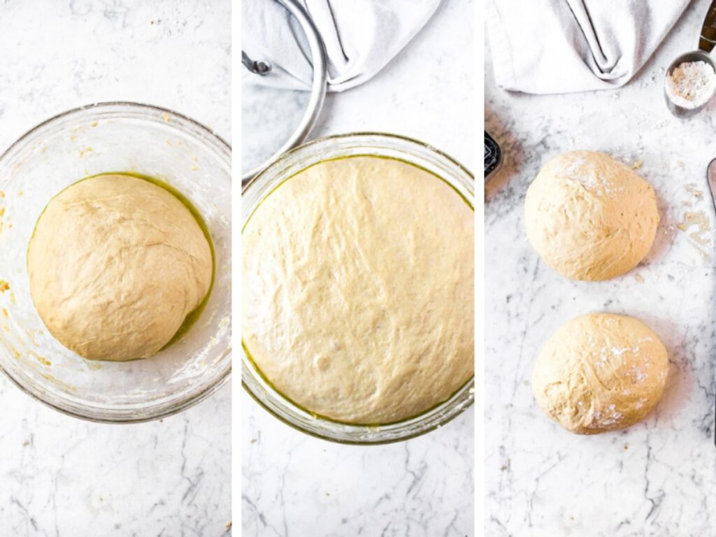 Three side by side photos showing the process of proving a batch of homemade pizza dough.