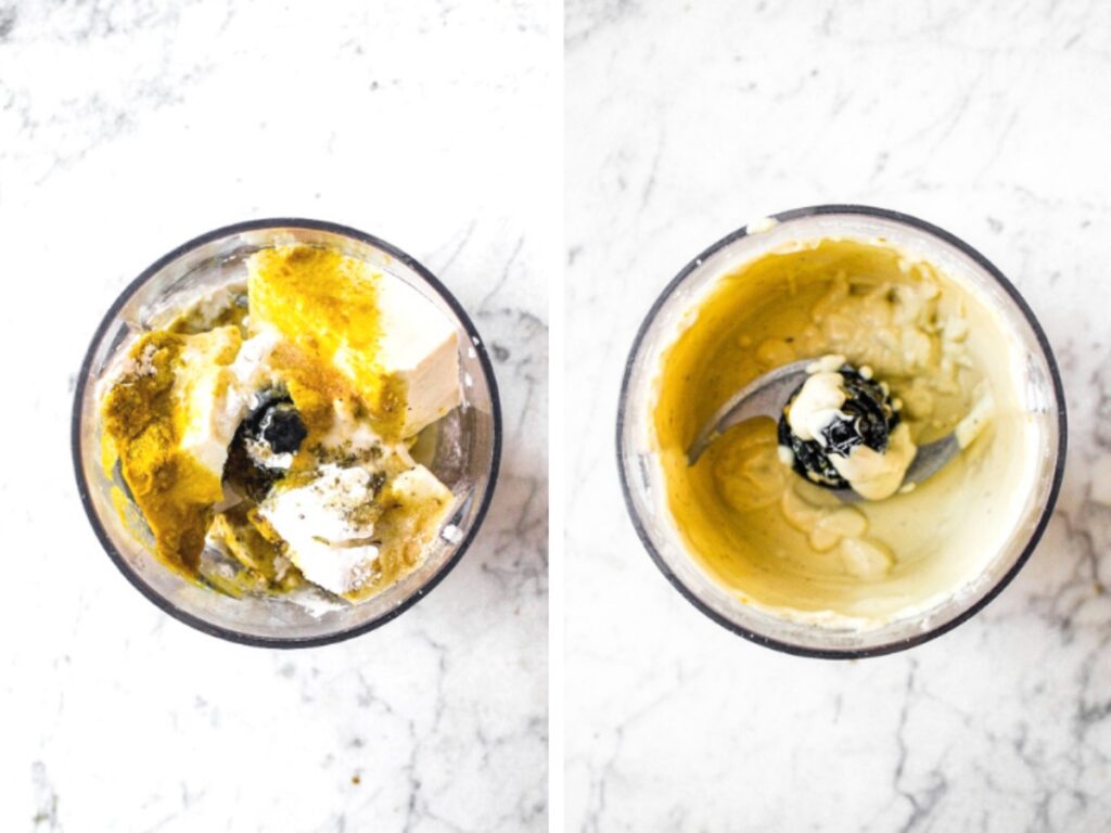 Two side by side overhead shots of a small food processor before and after blending the ingredients for vegan pizza mozzarella sauce