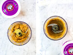 Two side by side photos showing an overhead shot of a small food processor before and after blending the vegan parmesan spread.