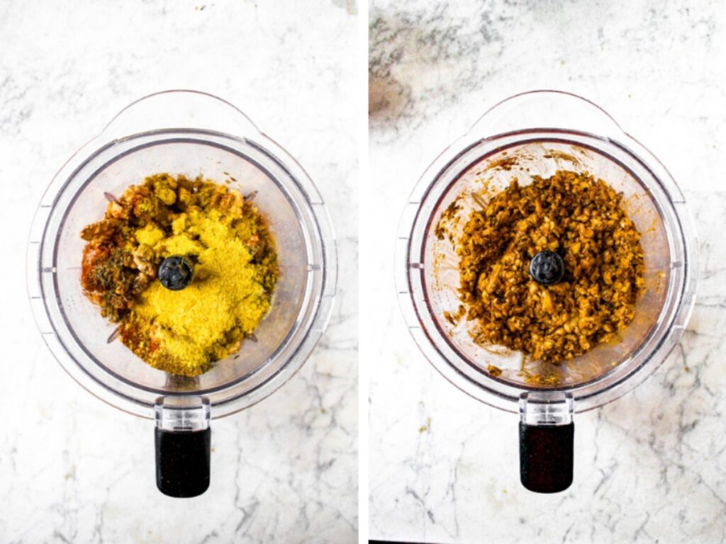Two side by side photos. Overhead shots of a food processor before and after pulsing the ingredients you need to make plant-based walnut meat.