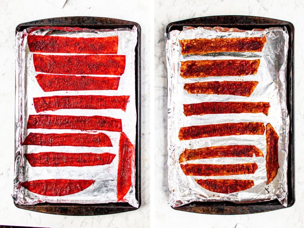 Overhead view of a sheet pan of rice paper bacon before and after it's baked
