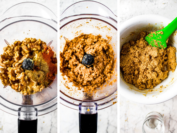 Three overhead shots showing the process of making walnut scrapple meat: add the walnuts and seasonings to a blender, pulse a few times, and combine them in a bowl with water, chickpea flour, and cornmeal.