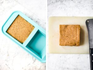 Two overhead photos showing before and after setting a brick of vegetarian scrapple made from walnuts.