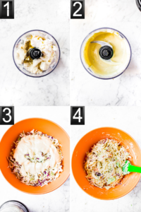 A grid of four overhead photos showing the process of making creamy vegan coleslaw: mix the tofu dressing and combine with coleslaw mix.