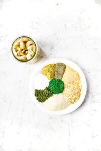 Overhead photo of all the ingredients you need to make vegan ranch seasoning