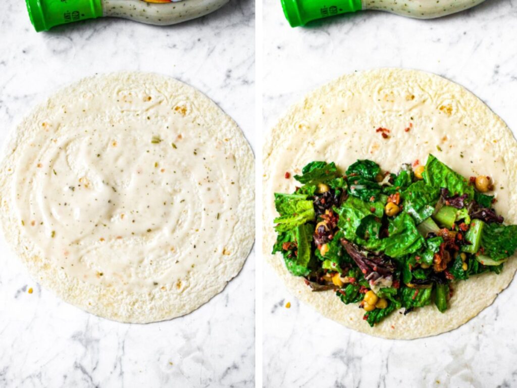Two side by side photos showing the process of wrapping a vegan chickpea bacon ranch wrap