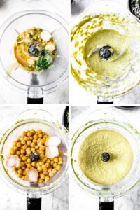 Four overhead photos showing a food processor in the process of making homemade hummus.