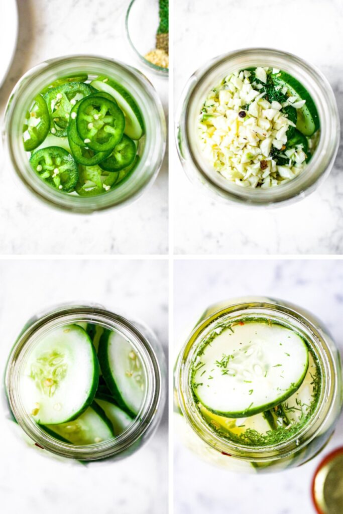 A grid with four photos showing the process of layering refrigerator pickle ingredients in a large mason jar.