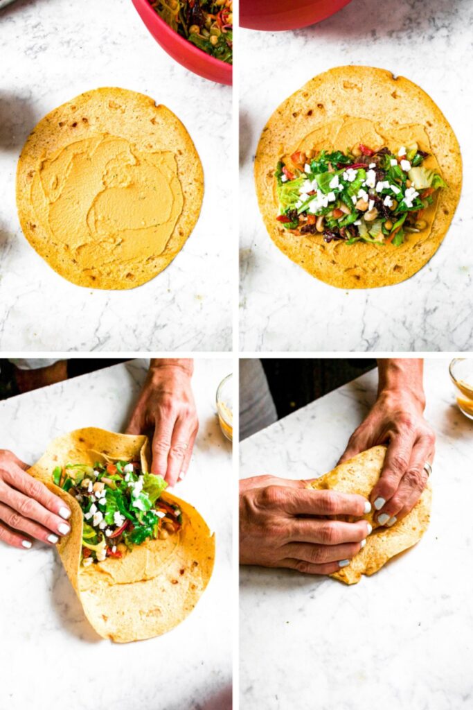 Four photos showing the process of how to wrap a tortilla around a veggie hummus filling.