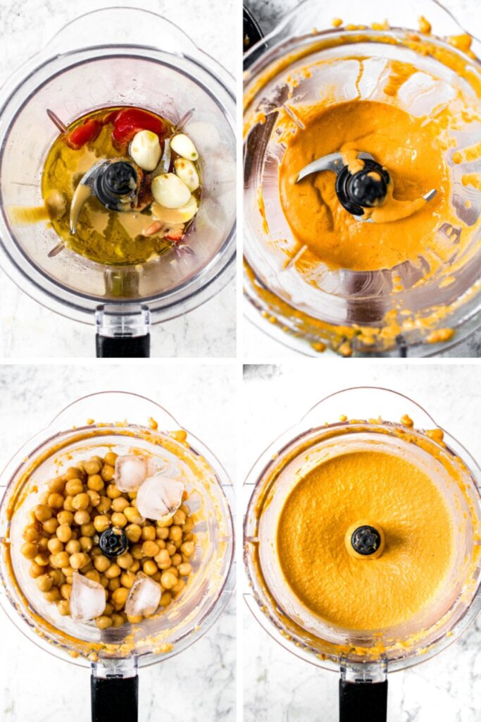 Four photos showing the process of making homemade spicy garlic hummus in a food processor