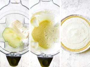Three side by side photos showing the process of making our dairy free key lime pie recipe in a Vitamix