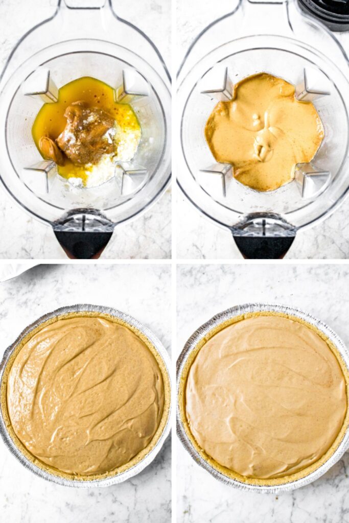 Four photos showing the process of making a vegan peanut butter pie: Blend the filling ingredients in a Vitamix. Then, fill the pie crust and chill until firm.