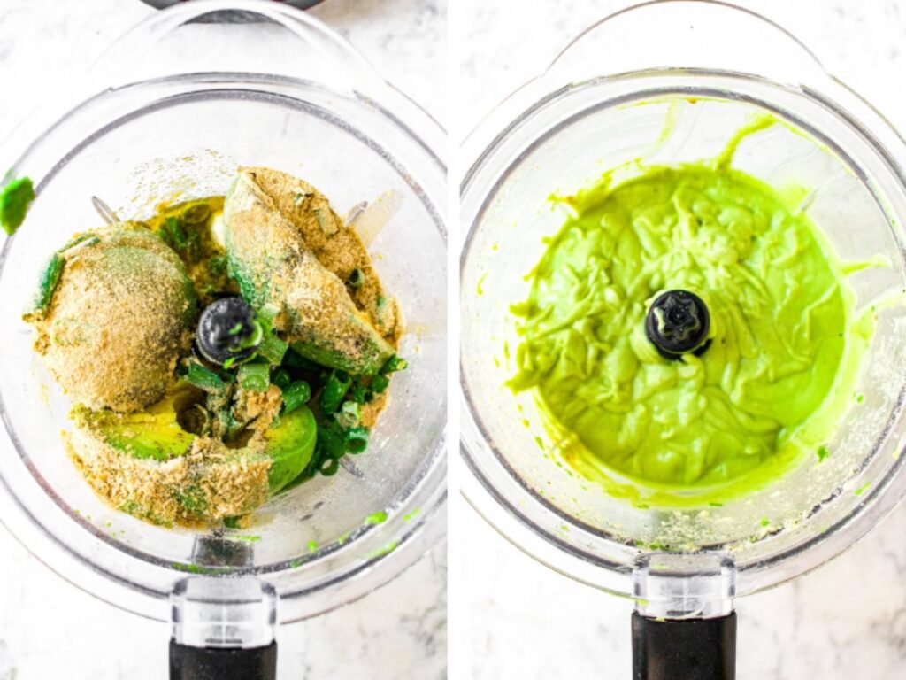 Two photos side by side showing the process of blending an avocado salad dressing: First photo shows the ingredients in a food processor before they're blended. The second shows the avocado dressing after being blended.