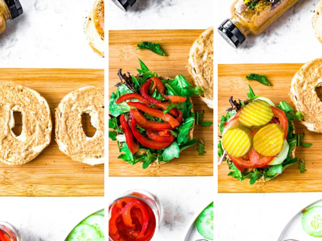 Three side by side photos showing the process of making a veggie bagel sandwich