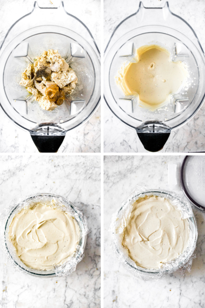A grid with four photos showing the 4 steps to making dairy free goat cheese out of tofu: add all ingredients to your Vitamix, blend until smooth and shiny, pour into plastic-lined container or silicone mold, chill until firm and spreadable!