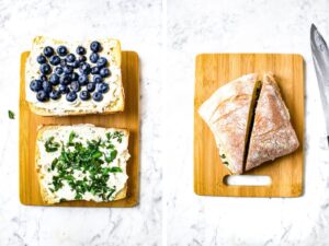 Two side by side photos showing the process of assembling a vegan goat cheese sandwich: The first photo shows the open ciabatta halves with a thick layer of dairy free goat cheese. One half is topped with blueberries. The other half is topped with basil. The second photo is an overhead shot of the sandwich once it's been put together and sliced for serving.
