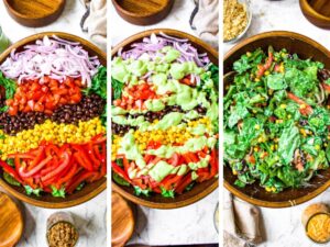 Three side by side shots showing the process of making a vegan southwest salad: Add everything to the bowl, drizzle on the avocado lime dressing, and toss everything together.