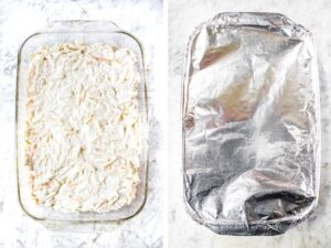 Two side by side photos showing the first two steps of making a vegan hash brown casserole: add everything to a casserole dish and cover with foil