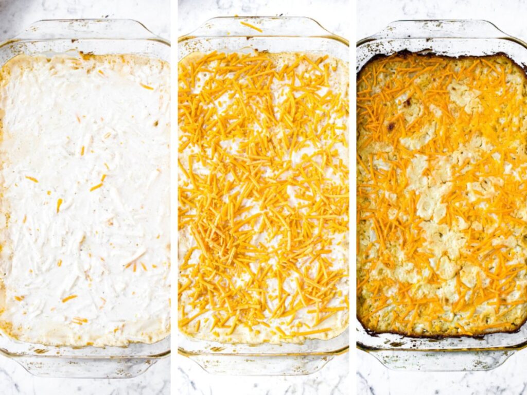 Three side by side photos showing the process of baking a vegan hashbrown casserole.
