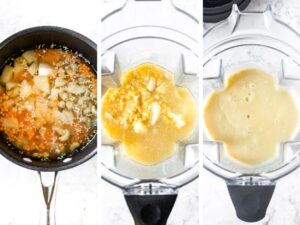 Three side by side shots showing the process of simmering and blending a cream of potato soup substitute