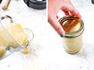 Two side by side overhead shots of the process of pouring the soup into a jar and a hand putting the lid on it.