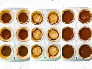 Three side by side overhead shots of a muffin tin in each stage of the process of making peanut butter cups: the first chocolate layer, the peanut butter layer, and the final chocolate layer.