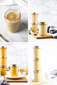 A grid with 4 photos each of a different variation of vegan cream of soup. Clockwise: cream of mushroom, cream of potato, cream of cheddar, and cream of chicken