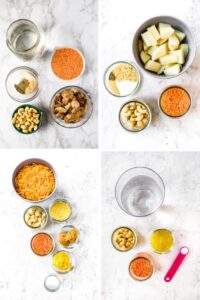 A grid with four photos of the ingredients you need to make 4 different variations of vegan condensed soup substitutes