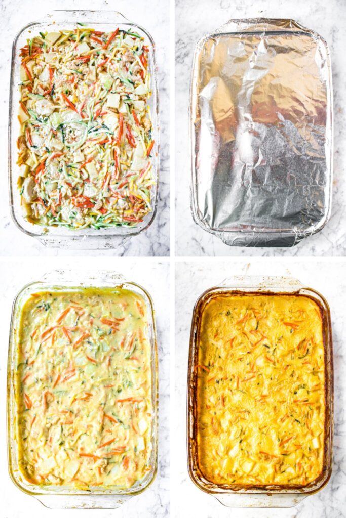 Four photos: Each of a clear rectangular baking dish of zucchini squash casserole at each stage of the cooking process.