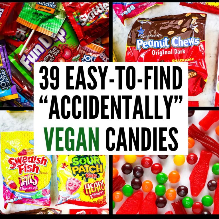 A grid with four overhead photos of various store-bought candy with text in a white box in the center reading 39 easy to find accidentally vegan candies