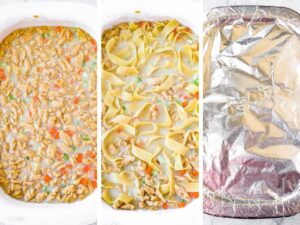 Three side by side photos showing the process of assembling and covering a vegan chicken noodle casserole in a casserole dish before baking