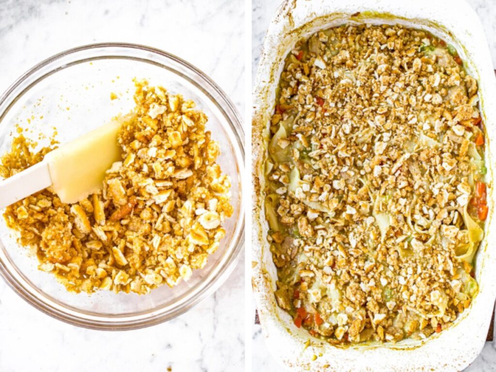 Two side by side photos showing the process of mixing the ritz cracker topping and the topped casserole before it goes in the oven