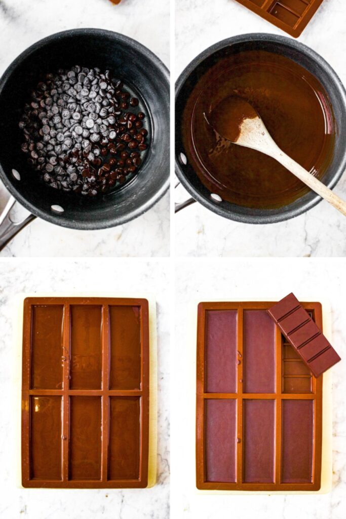 Four photos showing the process of melting chocolate and coconut oil, pouring it into a mold, and chilling it to make vegan chocolate bars