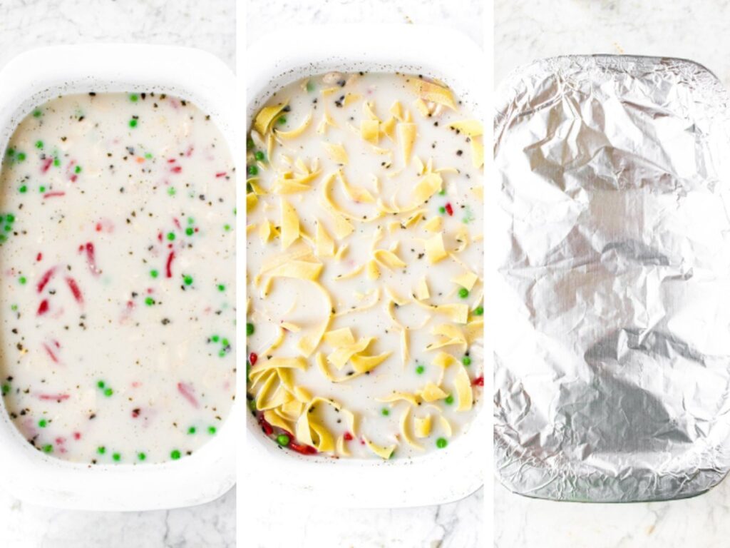 Three overhead shots of a rectangular casserole dish: one with the casserole ingredients mixed together, another with the dry noodles added, and the last is the dish covered in tin foil