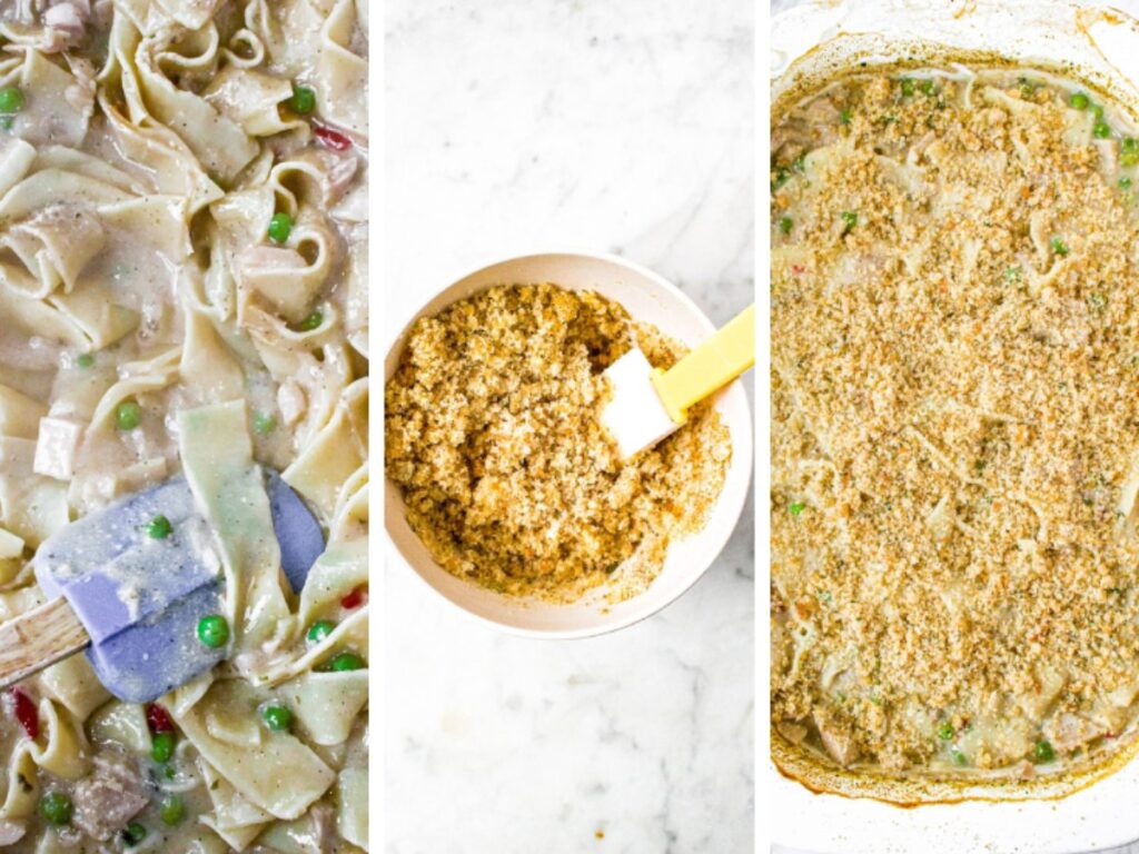 Three side by side photos of the process of topping a tuna casserole with bread crumbs