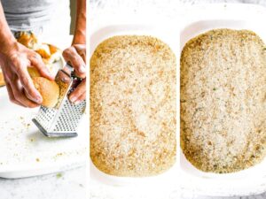 Three side by side photos showing the process of grating baguettes to make homemade breadcrumbs