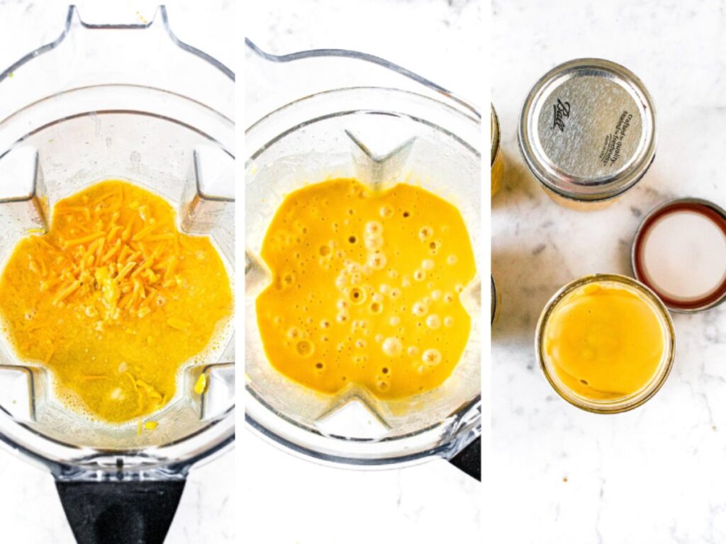 Three overhead shots side by side showing the process of making a condensed cheese soup substitute in your Vitamix blender with no butter or flour!