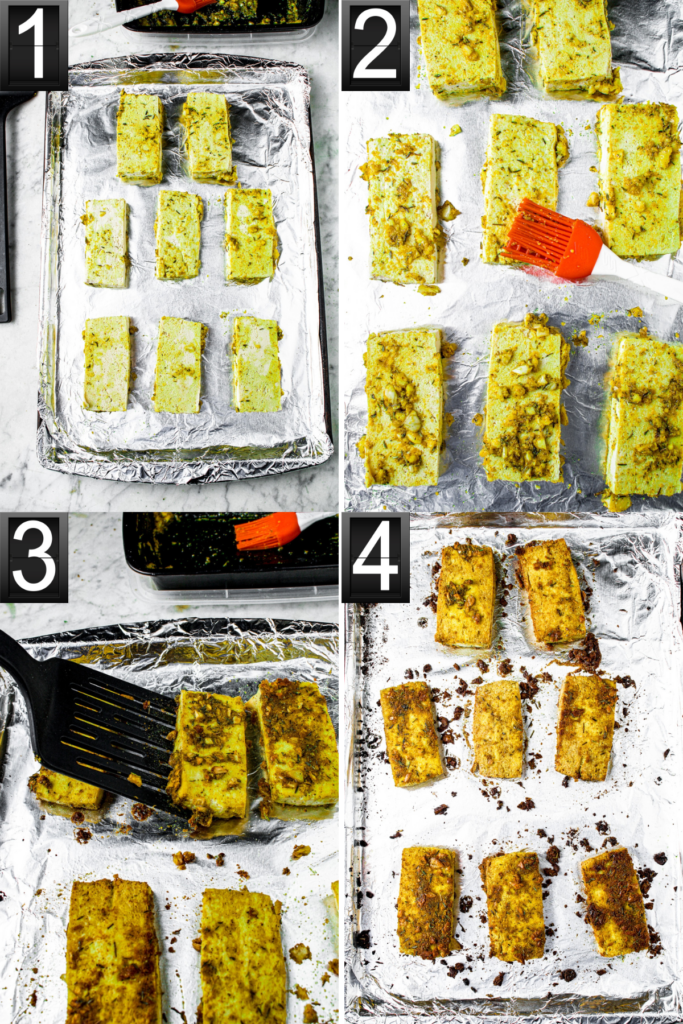 A grid with four photos showing the process of baking crispy mediterranean tofu cutlets