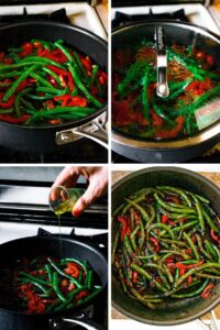 A diagram with four photos, showing the process of making pan fried green beans with spicy peppers