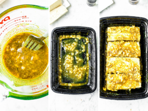 A grid with three photos showing the process of mixing and marinating honey garlic tofu