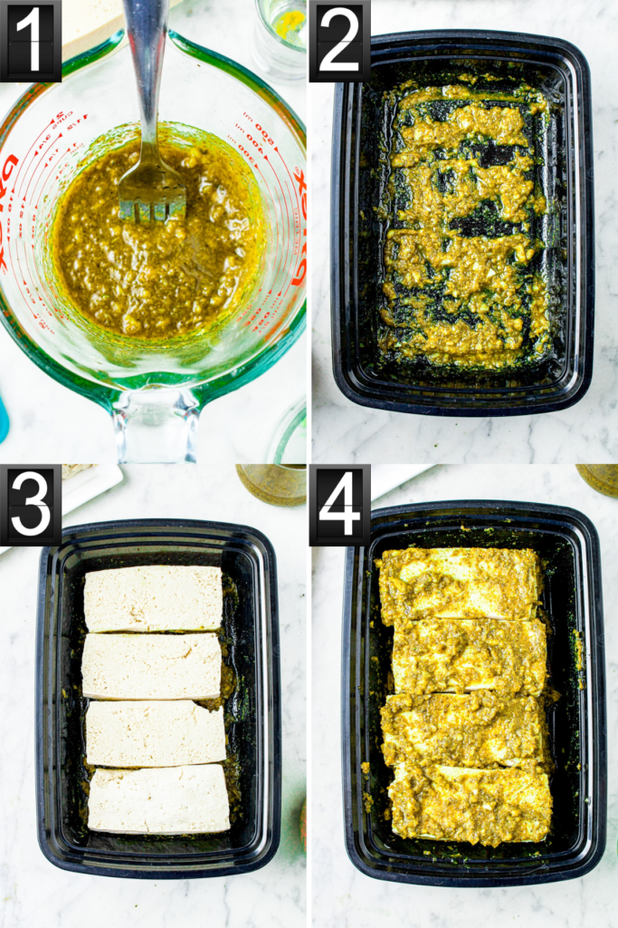 A grid of four photos showing the process of mixing and marinating vegan pesto tofu cutlets