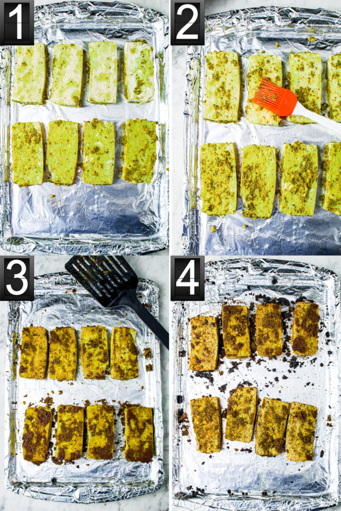 A grid of four photos showing the process of baking pesto marinated tofu