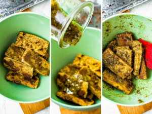 grid with three photos showing the process of pouring pesto sauce on baked tofu in a green mixing bowl