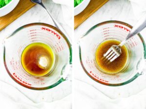 Two side by side photos of a glass measuring glass before and after the marinade is mixed