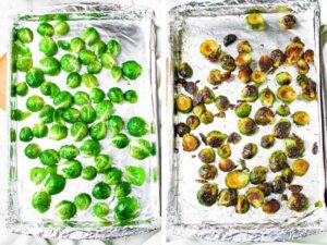 Two side by side shots of a foil-lined baking sheet with brussels sprouts before and after they're baked