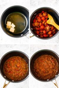 Four photos showing the process of making tomato jam: melt vegan butter, stir in the tomatoes, spices, and vinegar, mash, and cook until thick