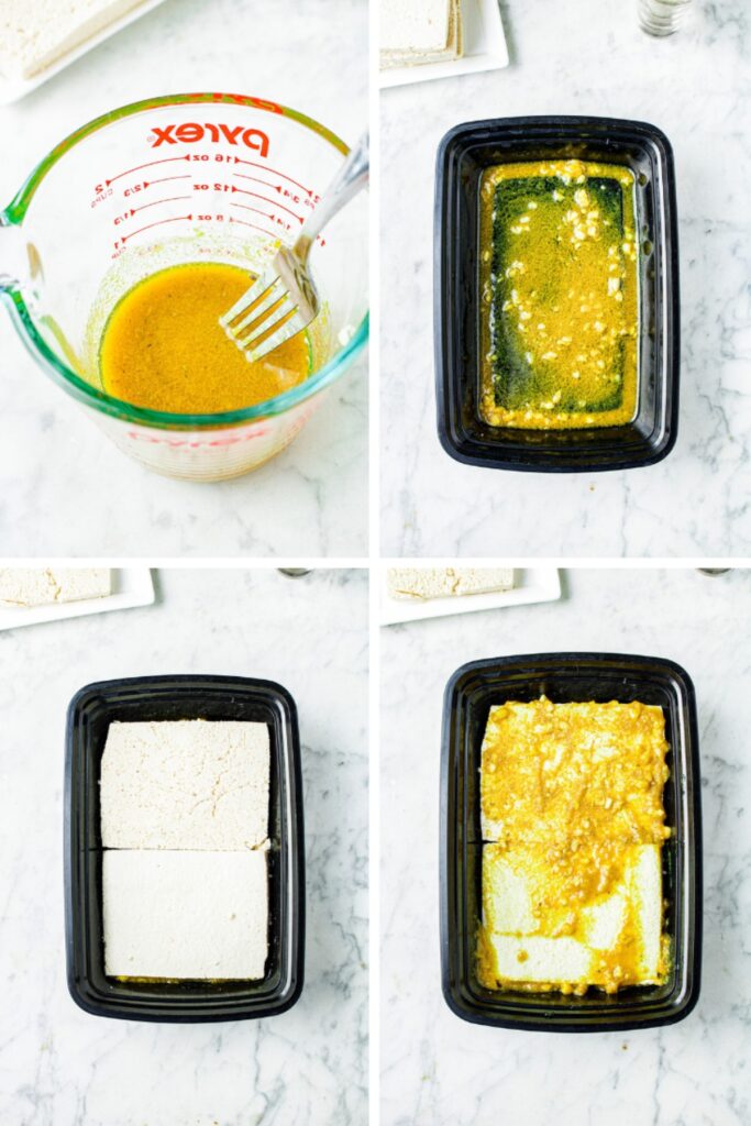 Four overhead shots showing the process of mixing marinade, and marinating tofu cutlets in a rectangular takeout container