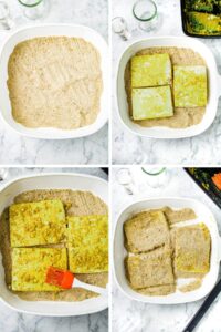 A grid with 4 photos showing the process of breading tofu for vegan chicken cutlets