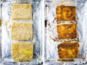 Two side by side overhead shots of a foil-lined baking sheet with breaded tofu cutlets on it, before and after baking